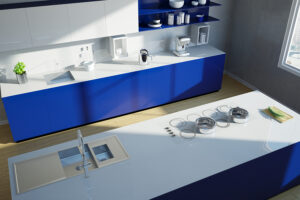 Modern clean blue kitchen island from above (3D Rendering)