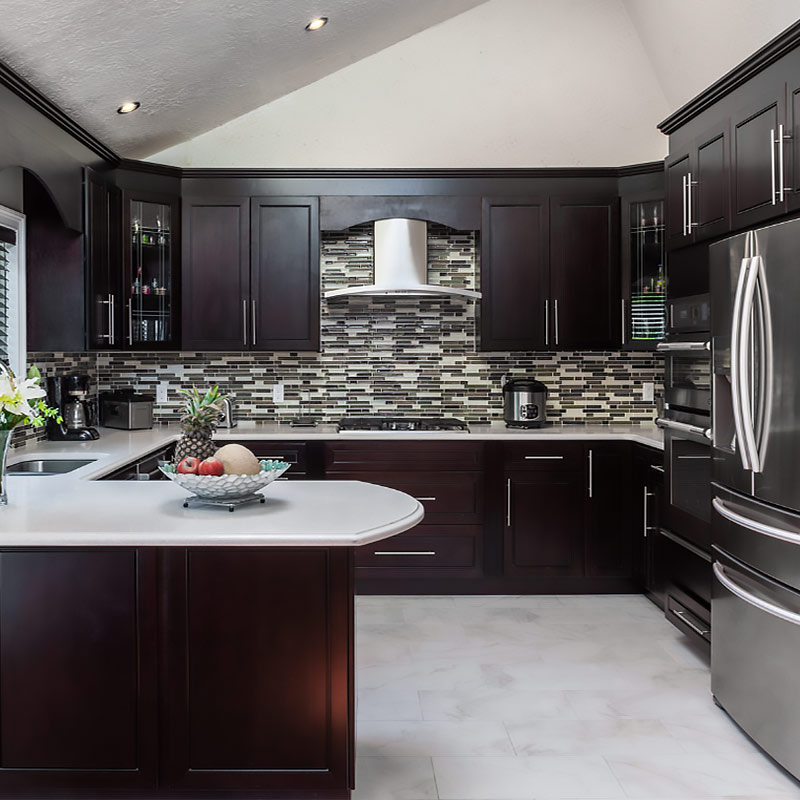 Modern kitchen style - dark counters and cabinets, minimalist design style